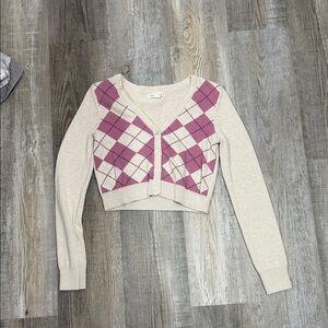 Aeropostale Beige and Mauve Argyle Cropped Cardigan